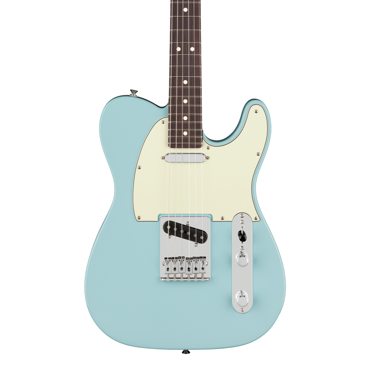 Front of Fender 75th Anniversary Player II Telecaster Rosewood Daphne Blue.