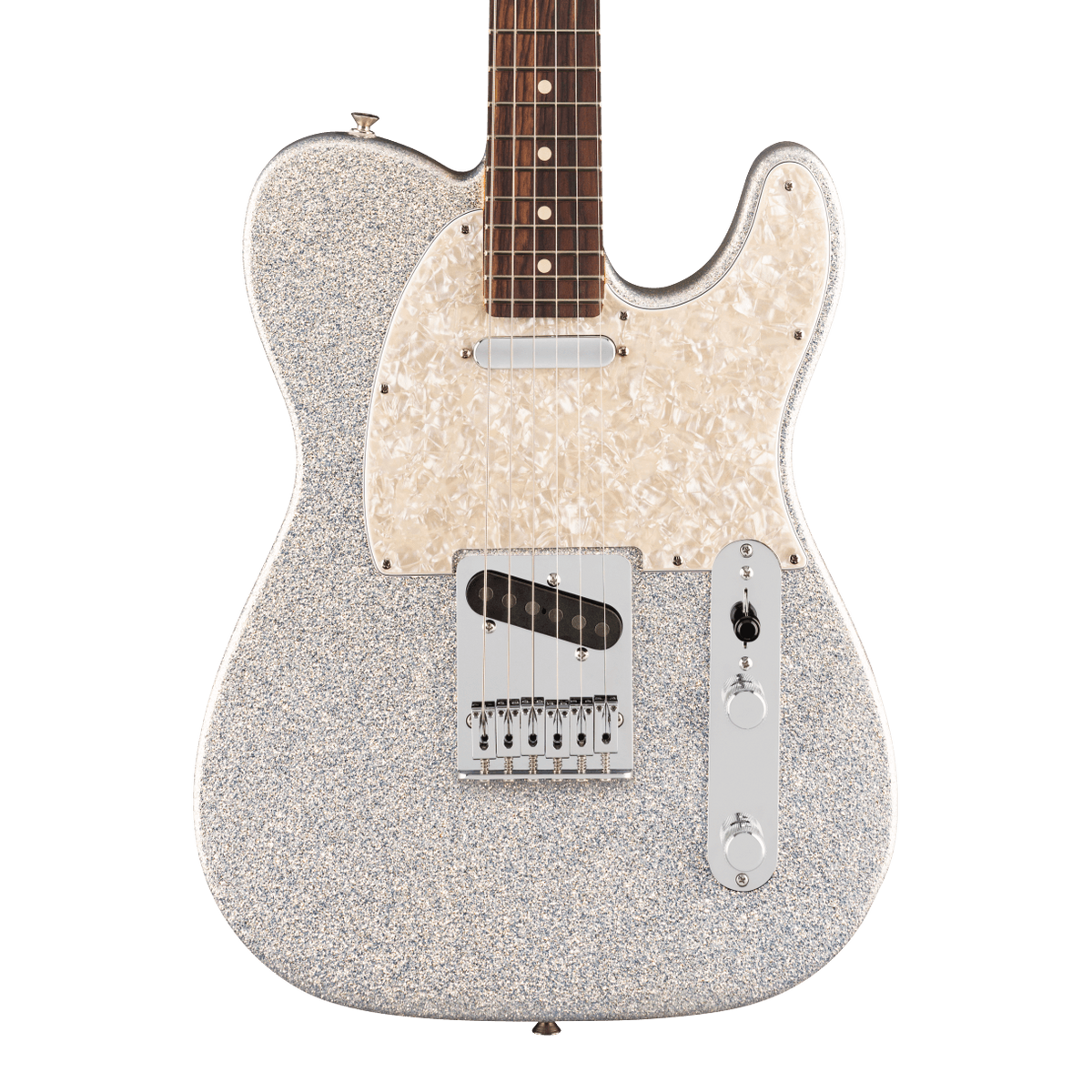 Front of Fender 75th Anniversary Player II Telecaster Rosewood Diamond Dust Sparkle.