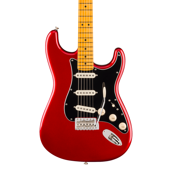 Front of Fender American Pro Classic Silent Stratocaster Maple Candy Apple Red.