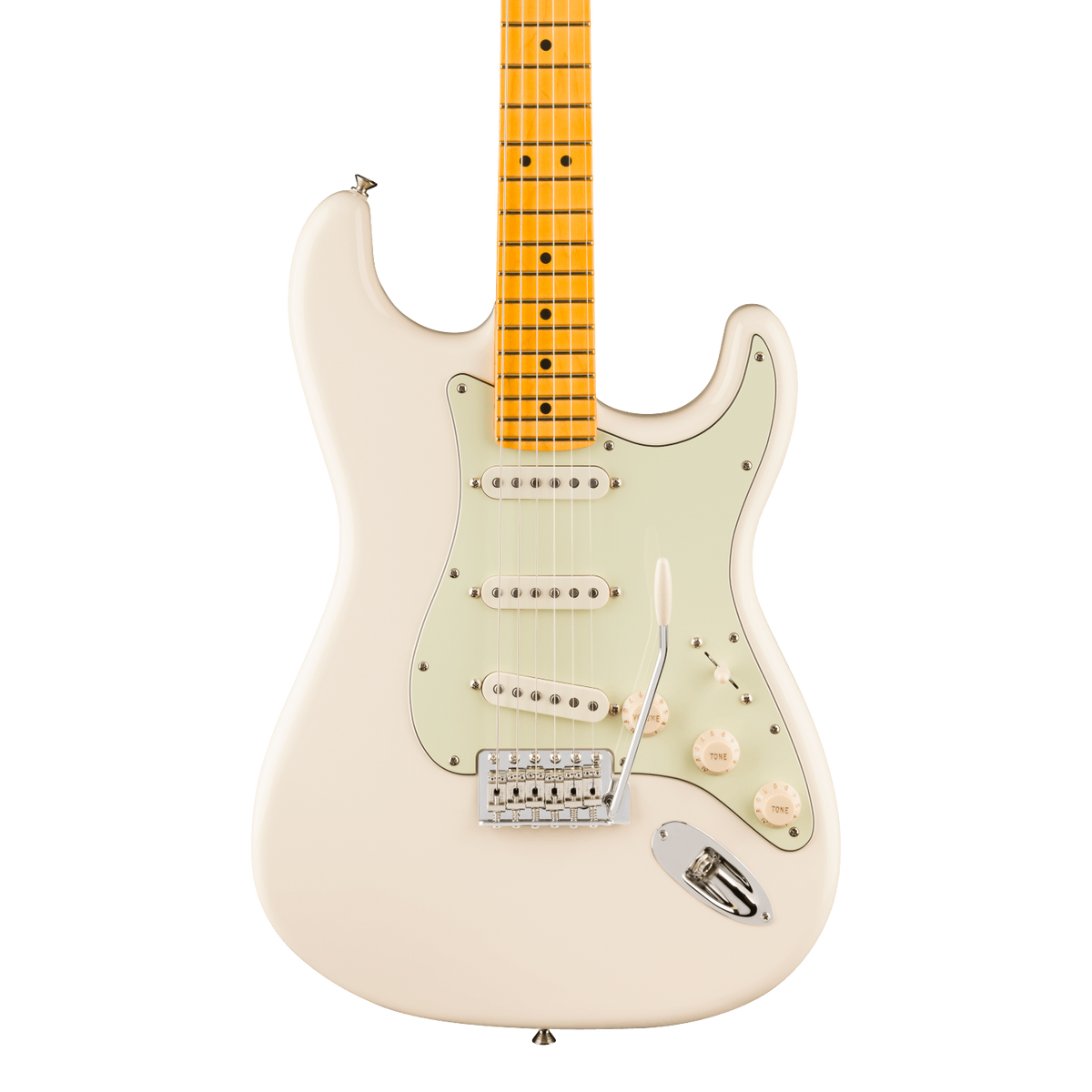 Front of Fender American Pro Classic Silent Stratocaster Maple Olympic White.