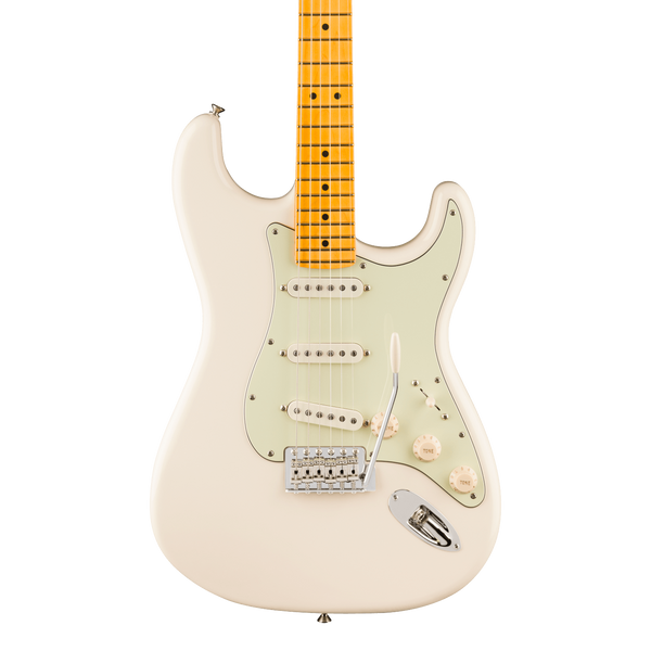 Front of Fender American Pro Classic Silent Stratocaster Maple Olympic White.