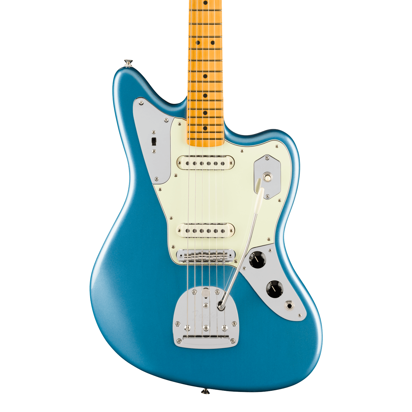 Front of Fender American Professional Classic Jaguar Maple Faded Lake Placid Blue.