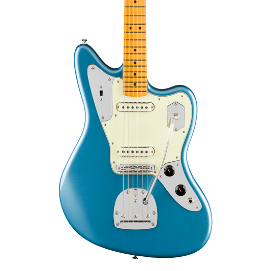 Front of Fender American Professional Classic Jaguar Maple Faded Lake Placid Blue.