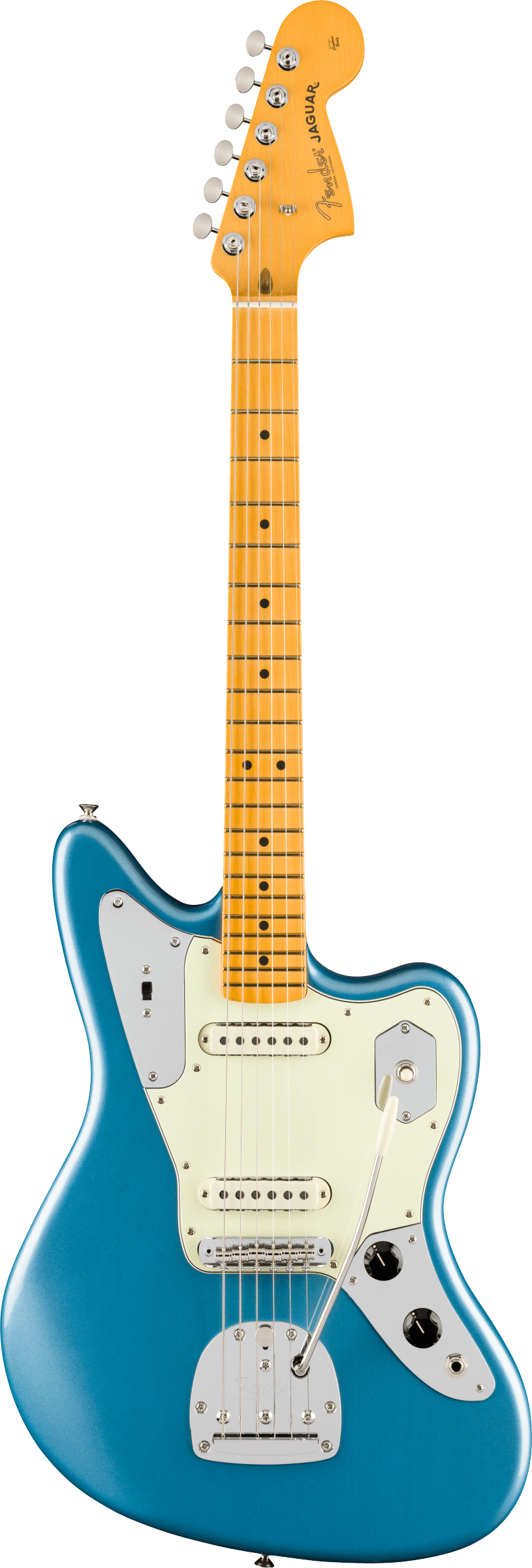 Full frontal of Fender American Professional Classic Jaguar Maple Faded Lake Placid Blue.