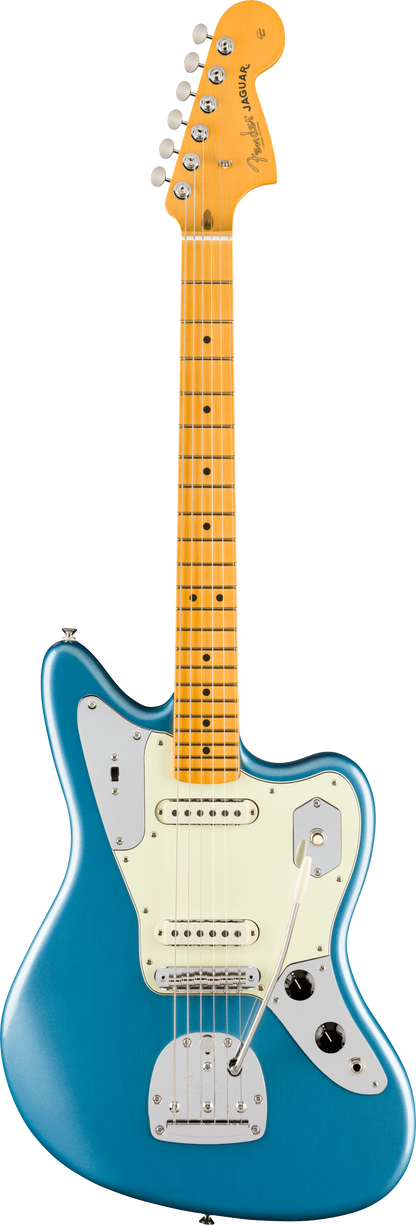 Full frontal of Fender American Professional Classic Jaguar Maple Faded Lake Placid Blue.