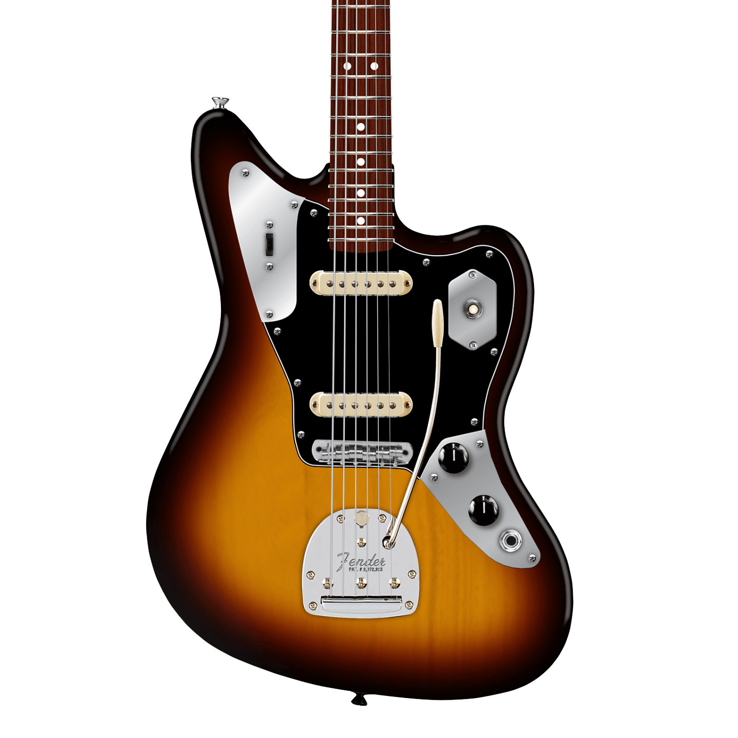 Front of Fender American Professional Classic Jaguar Rosewood 3-Color Sunburst.