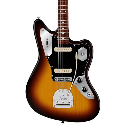 Front of Fender American Professional Classic Jaguar Rosewood 3-Color Sunburst.