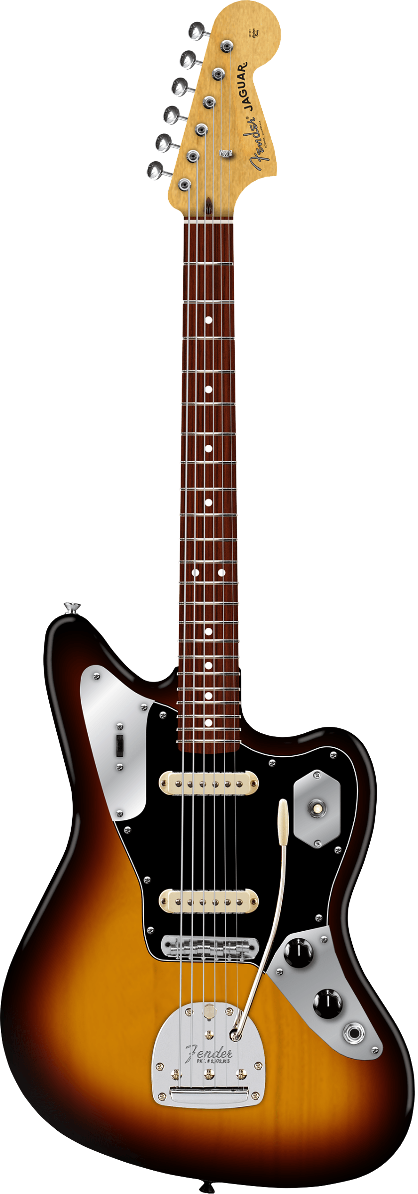 Full frontal of Fender American Professional Classic Jaguar Rosewood 3-Color Sunburst.
