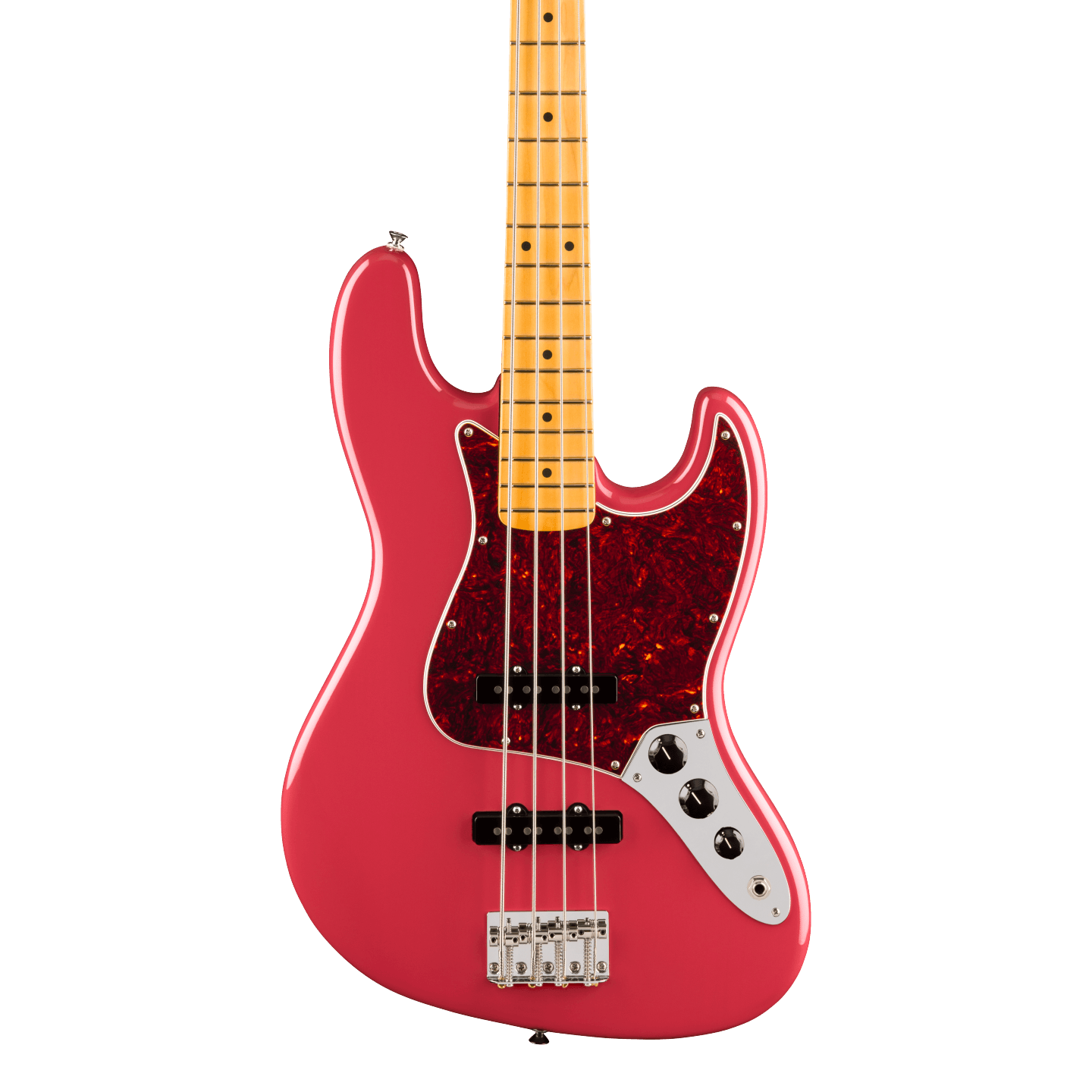 Front of Fender American Professional Classic Jazz Bass Maple  Faded Dakota Red.