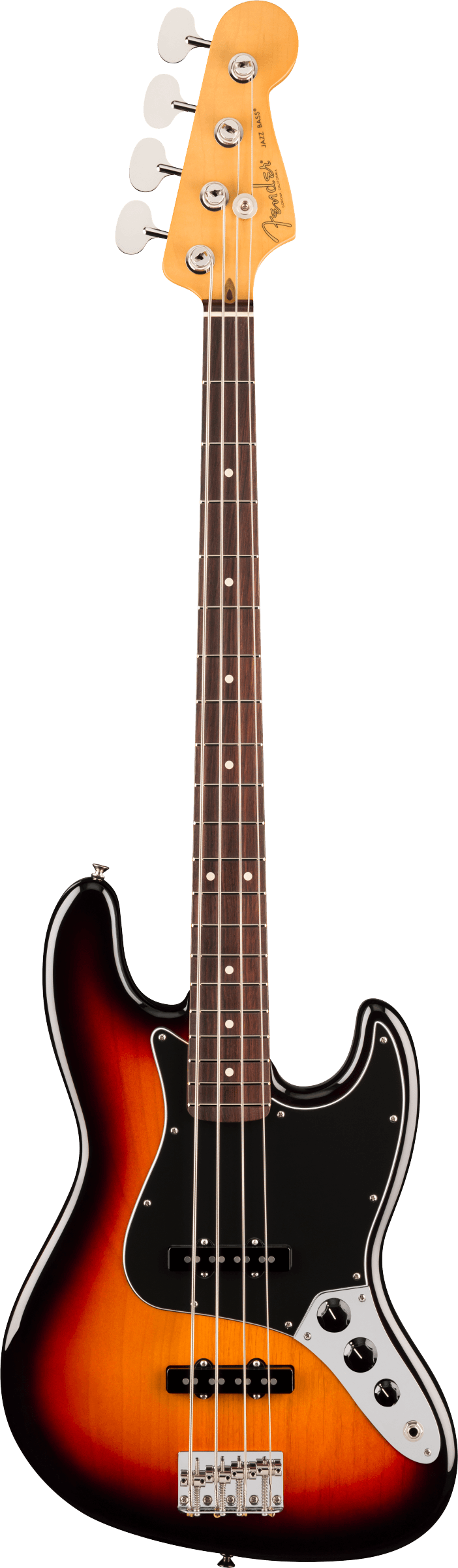 Full frontal of Fender American Professional Classic Jazz Bass Rosewood 3-Color Sunburst.