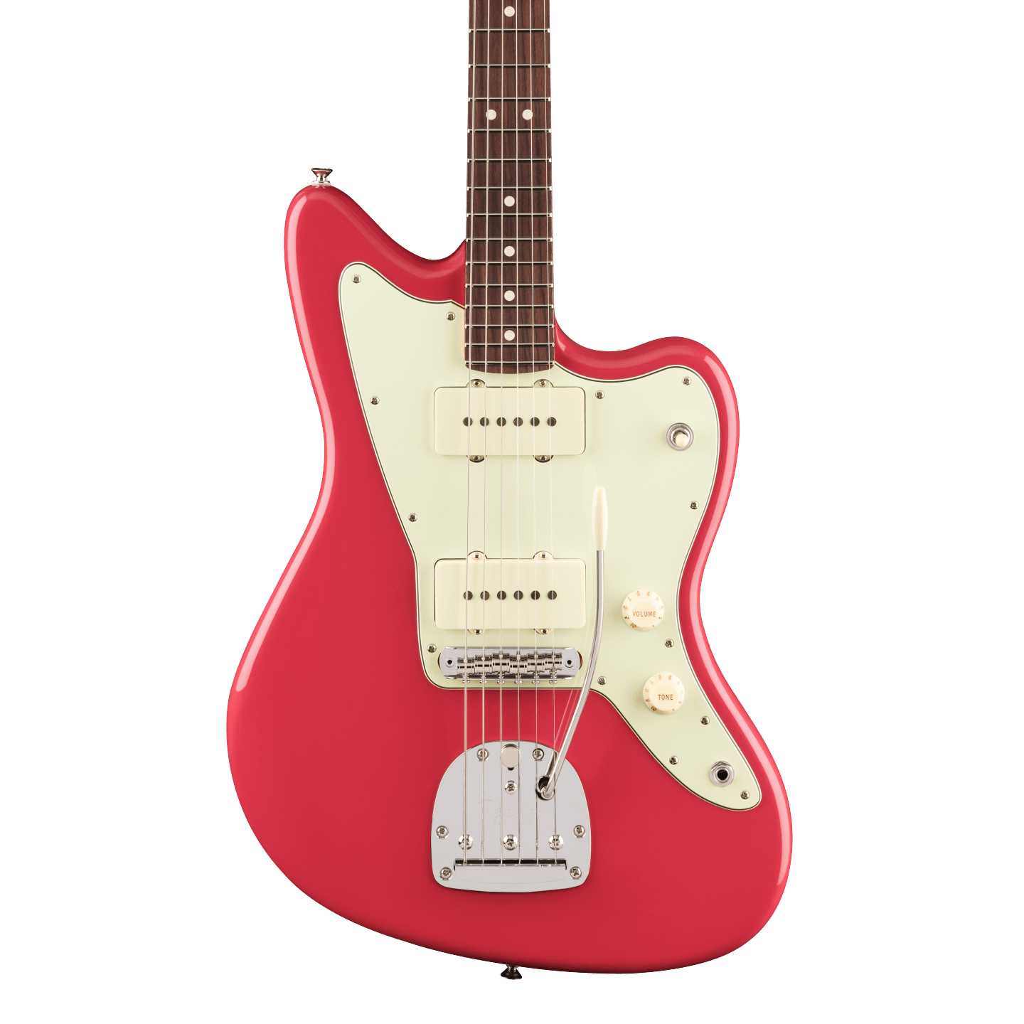 Front of Fender American Professional Classic Jazzmaster Rosewood Faded Dakota Red.