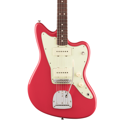 Front of Fender American Professional Classic Jazzmaster Rosewood Faded Dakota Red.