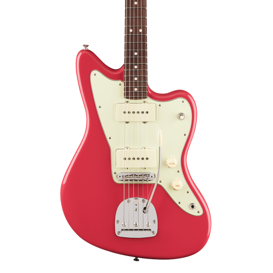 Front of Fender American Professional Classic Jazzmaster Rosewood Faded Dakota Red.