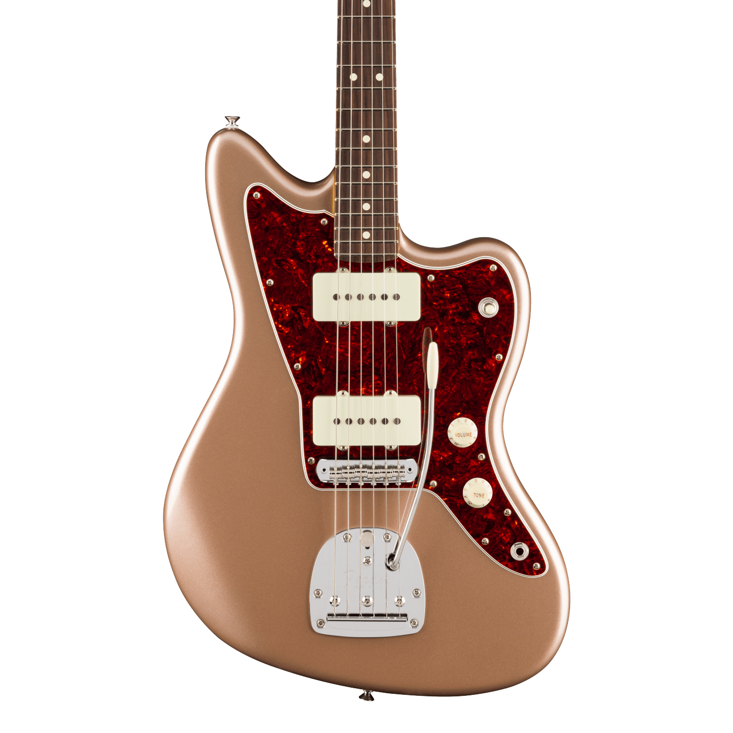 Front of Fender American Professional Classic Jazzmaster Rosewood Faded Firemist Gold.