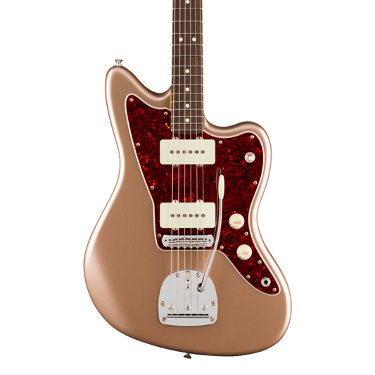 Front of Fender American Professional Classic Jazzmaster Rosewood Faded Firemist Gold.