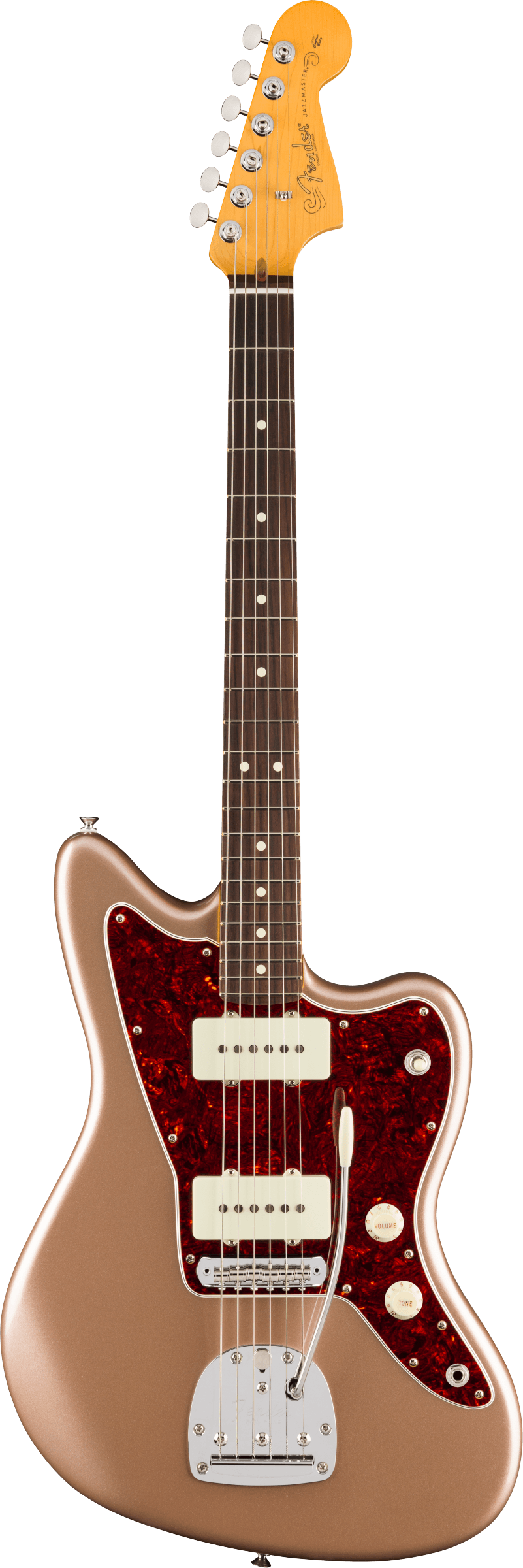 Full frontal of Fender American Professional Classic Jazzmaster Rosewood Faded Firemist Gold.