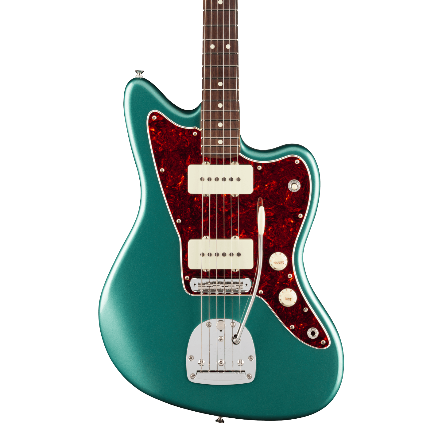 Front of Fender American Professional Classic Jazzmaster Rosewood Faded Sherwood Green Metallic.