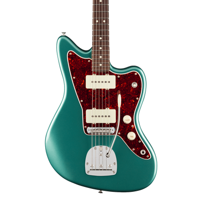 Front of Fender American Professional Classic Jazzmaster Rosewood Faded Sherwood Green Metallic.