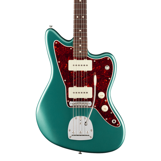 Front of Fender American Professional Classic Jazzmaster Rosewood Faded Sherwood Green Metallic.