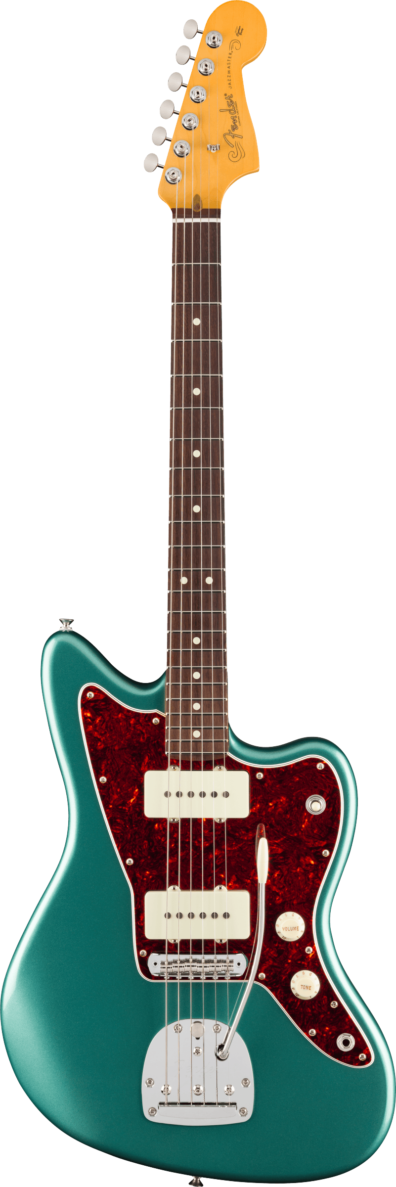 Full frontal of Fender American Professional Classic Jazzmaster Rosewood Faded Sherwood Green Metallic.