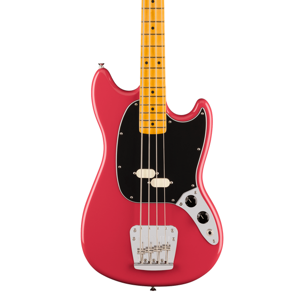 Front of Fender American Professional Classic Mustang Bass Maple  Faded Dakota Red.