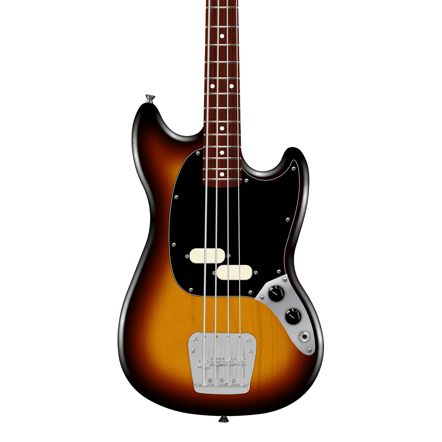 Front of Fender American Professional Classic Mustang Bass Rosewood  3-Color Sunburst.