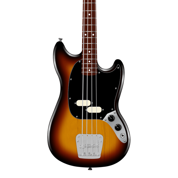 Front of Fender American Professional Classic Mustang Bass Rosewood  3-Color Sunburst.