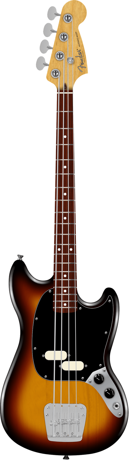 Full frontal of Fender American Professional Classic Mustang Bass Rosewood  3-Color Sunburst.
