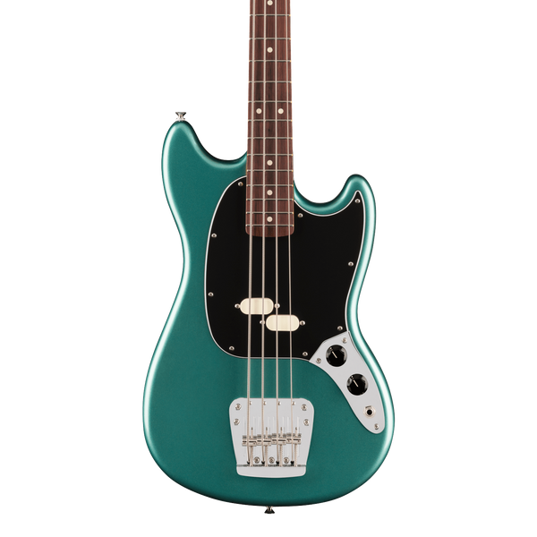 Front of Fender American Professional Classic Mustang Bass Rosewood  Faded Sherwood Green Metallic.