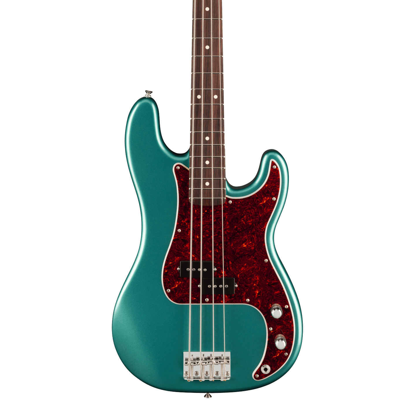 Front of Fender American Professional Classic Precision Bass Rosewood Faded Sherwood Green Metallic.