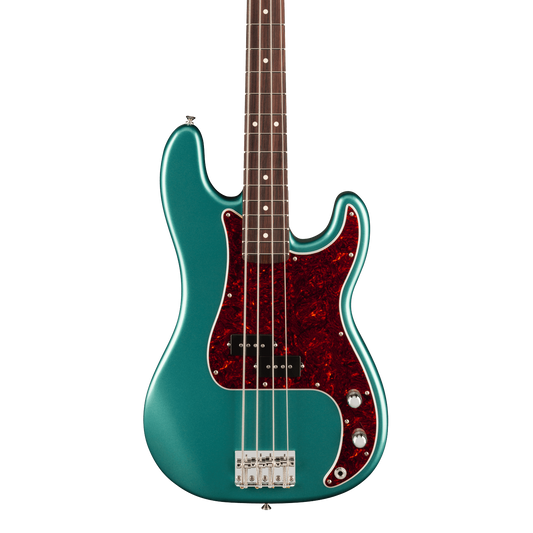 Front of Fender American Professional Classic Precision Bass Rosewood Faded Sherwood Green Metallic.