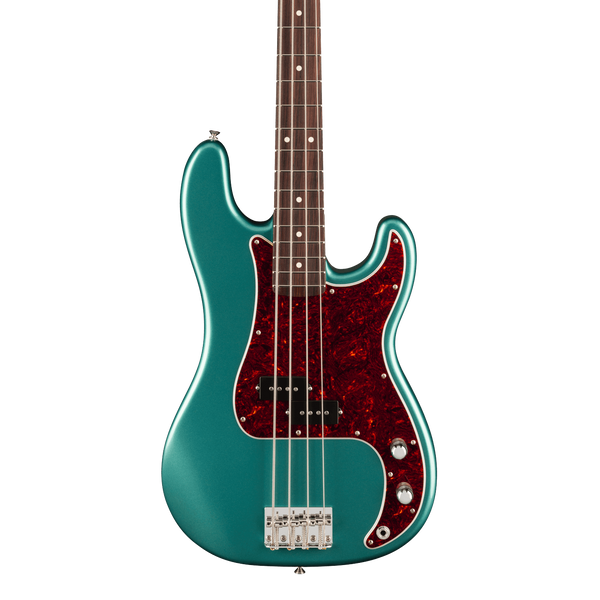 Front of Fender American Professional Classic Precision Bass Rosewood Faded Sherwood Green Metallic.