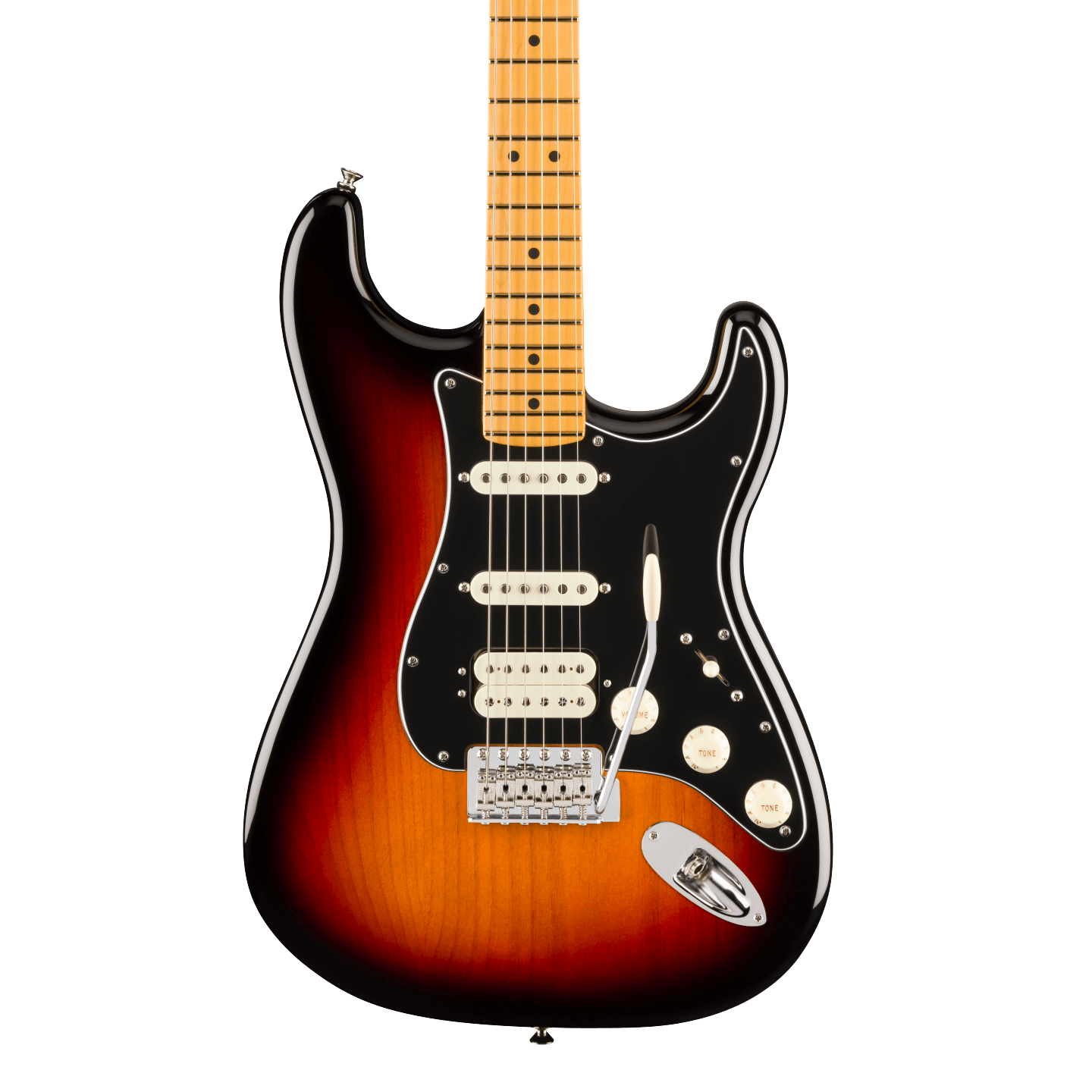 Front of Fender American Professional Classic Stratocaster HSS Maple 3-Color Sunburst.