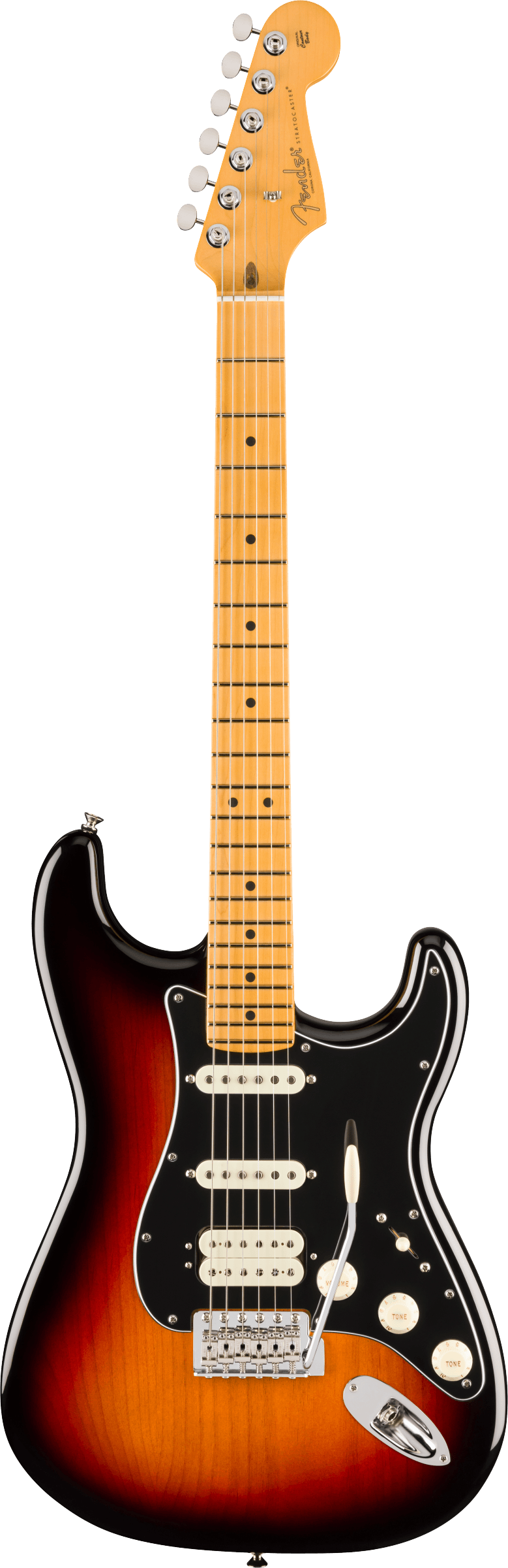 Full frontal of Fender American Professional Classic Stratocaster HSS Maple 3-Color Sunburst.
