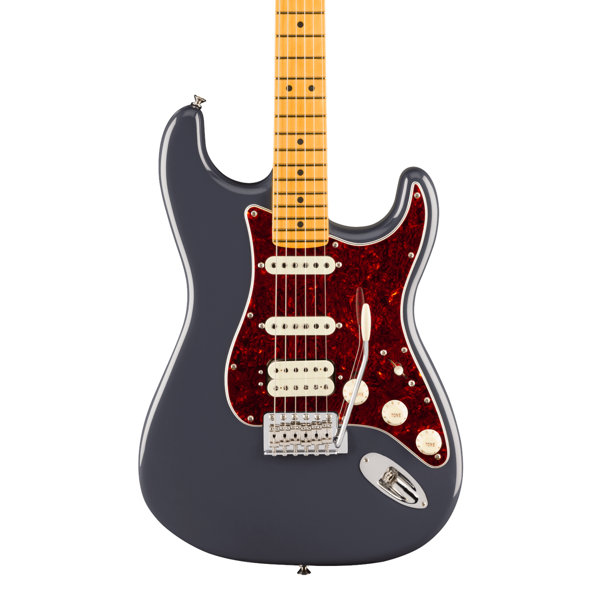 Front of Fender American Professional Classic Stratocaster HSS Maple Faded Black. 