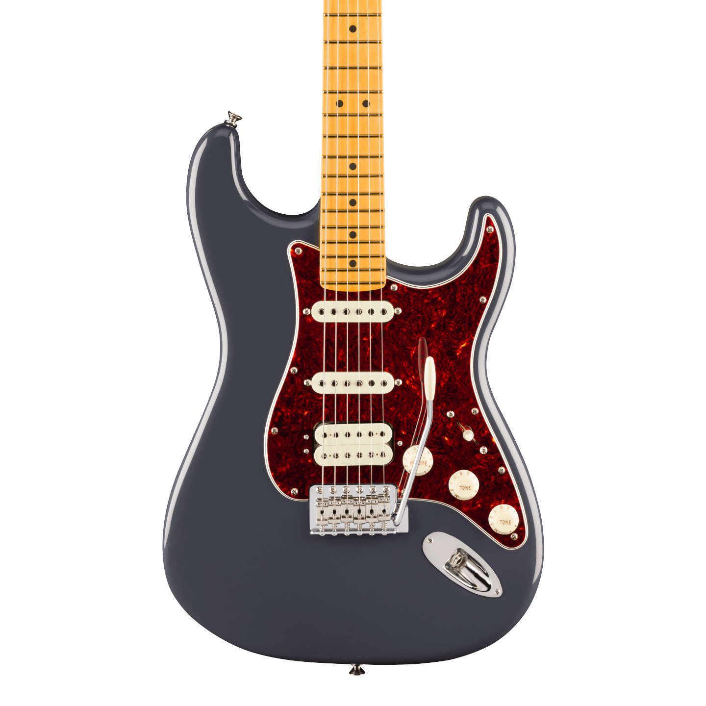 Front of Fender American Professional Classic Stratocaster HSS Maple Faded Black. 