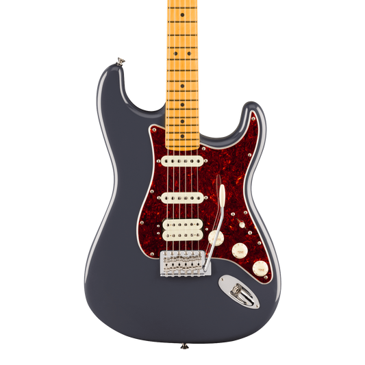 Front of Fender American Professional Classic Stratocaster HSS Maple Faded Black. 