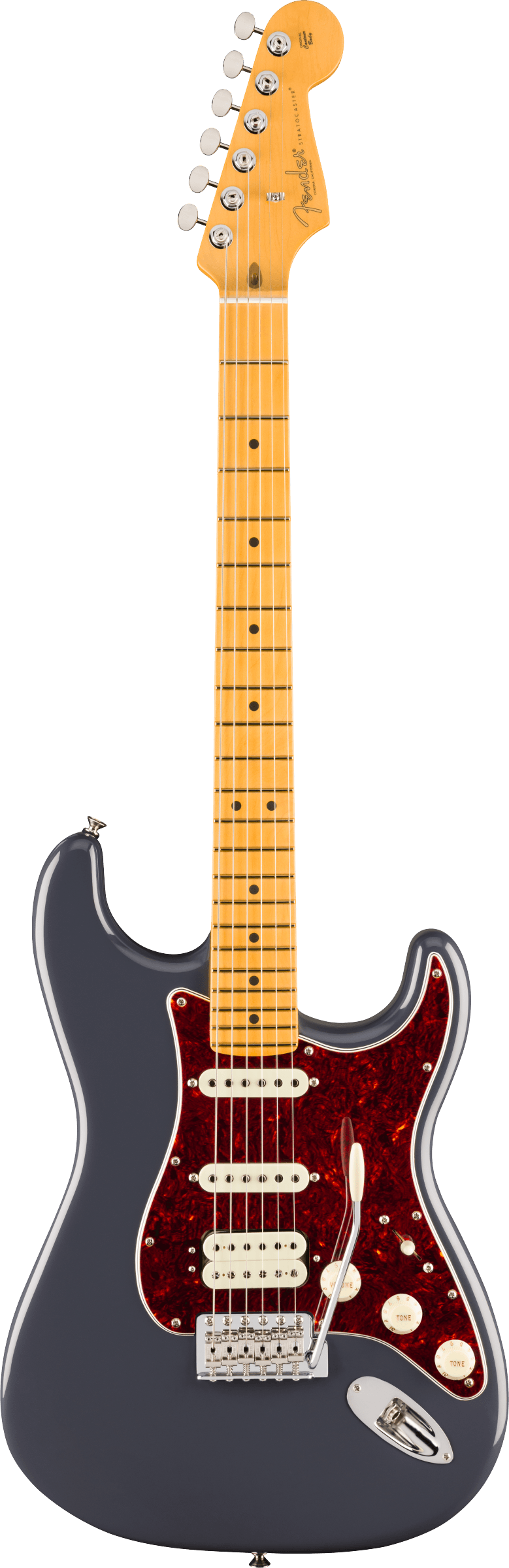 Full frontal of Fender American Professional Classic Stratocaster HSS Maple Faded Black.
