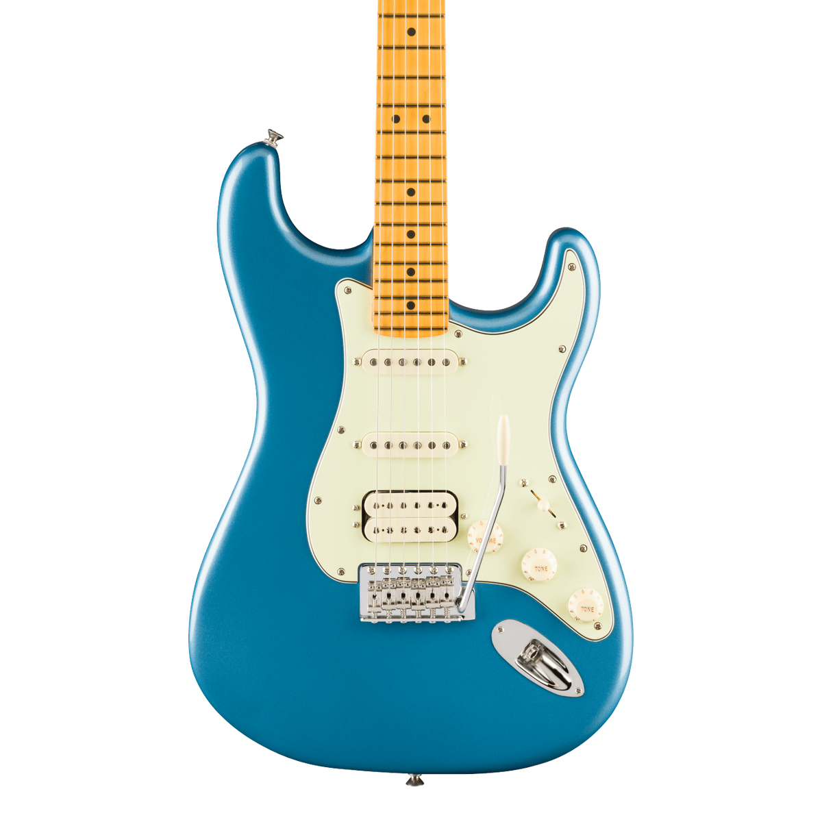 Front of Fender American Professional Classic Stratocaster HSS Maple  Faded Lake Placid Blue.