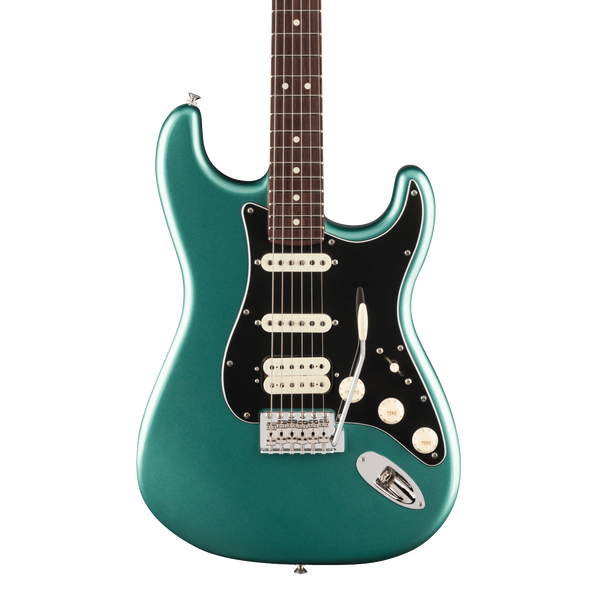Front of Fender American Professional Classic Stratocaster HSS Rosewood Faded Sherwood Green Metallic.