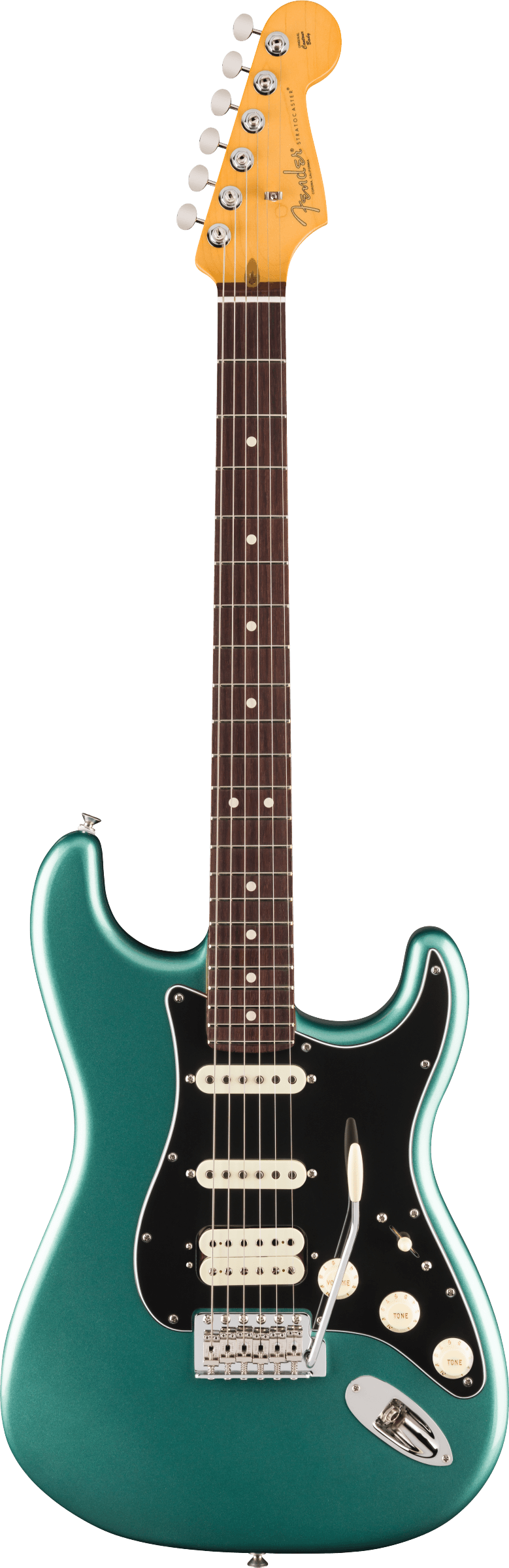 Full frontal of Fender American Professional Classic Stratocaster HSS Rosewood Faded Sherwood Green Metallic.