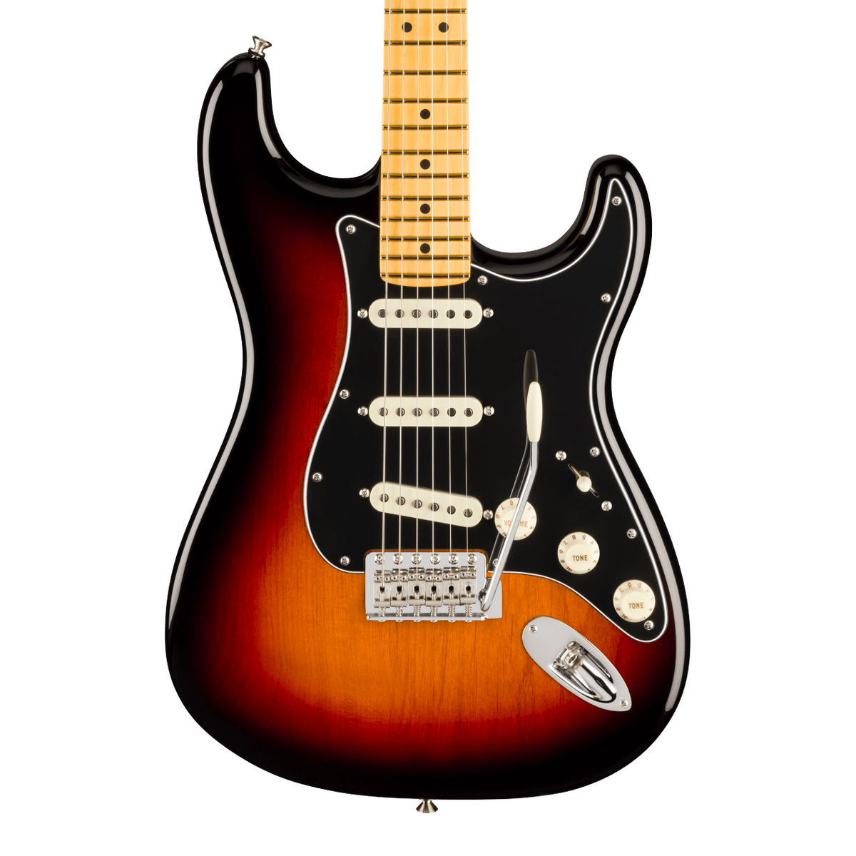 Front of Fender American Professional Classic Stratocaster Maple 3-Color Sunburst.