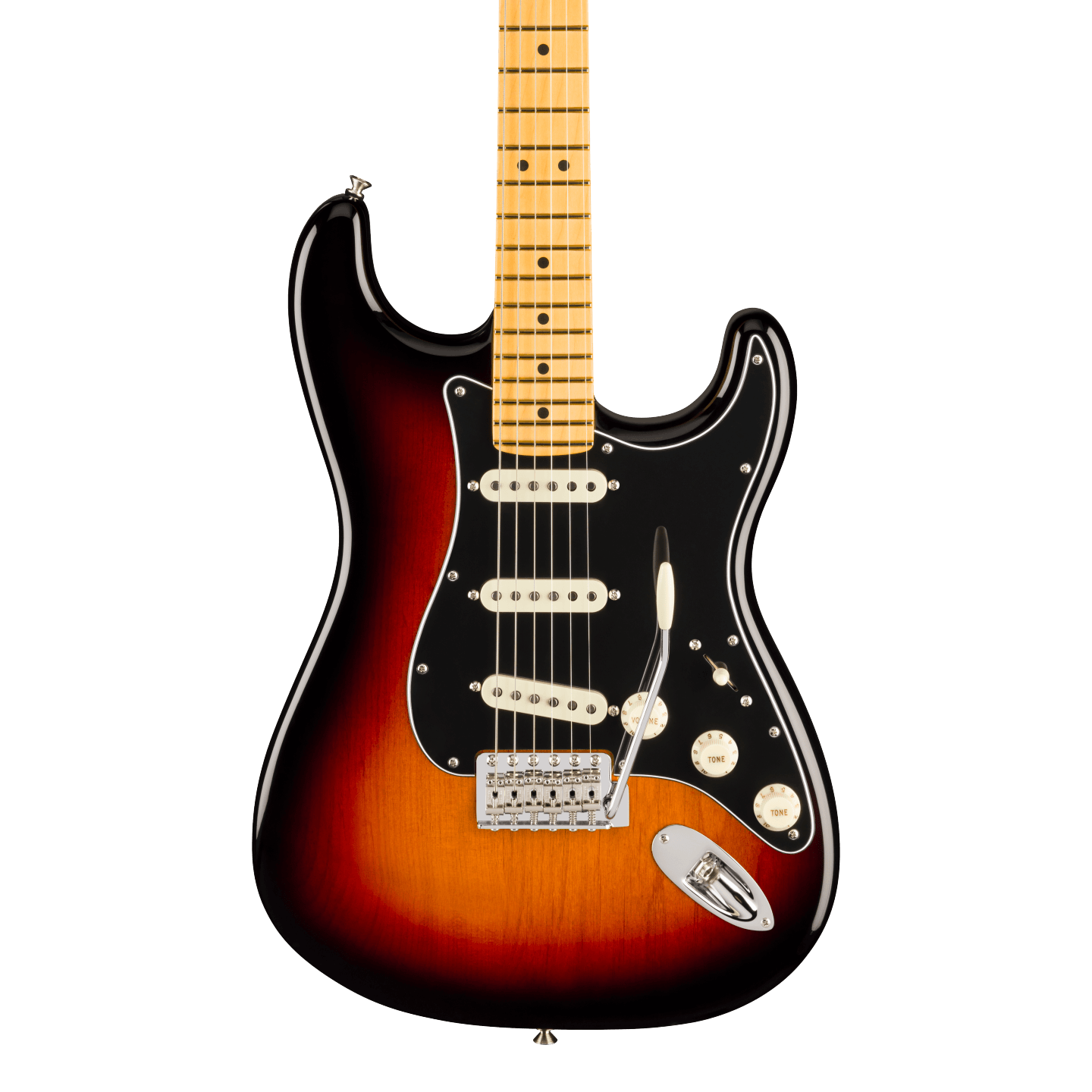 Front of Fender American Professional Classic Stratocaster Maple 3-Color Sunburst.