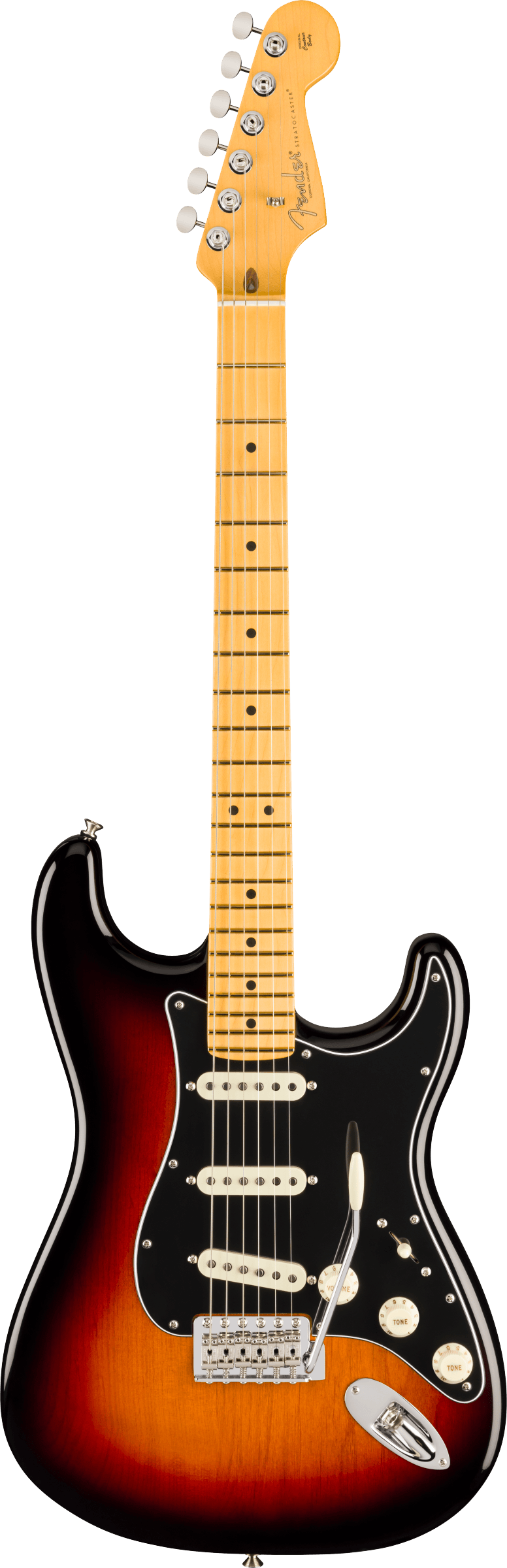 Full frontal of Fender American Professional Classic Stratocaster Maple 3-Color Sunburst.