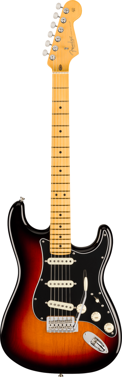Full frontal of Fender American Professional Classic Stratocaster Maple 3-Color Sunburst.