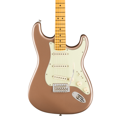 Front of Fender American Professional Classic Stratocaster Maple Faded Firemist Gold.