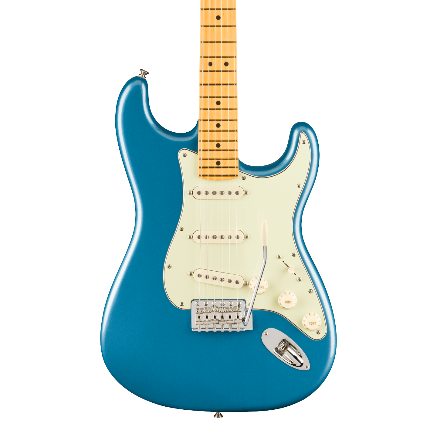 Front of Fender American Professional Classic Stratocaster Maple Faded Lake Placid Blue.