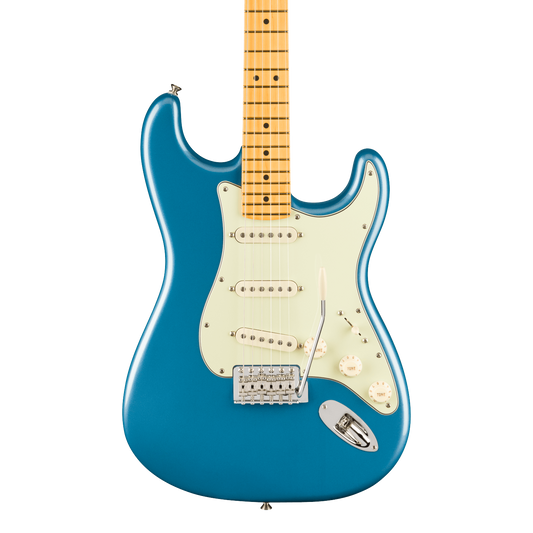 Front of Fender American Professional Classic Stratocaster Maple Faded Lake Placid Blue.