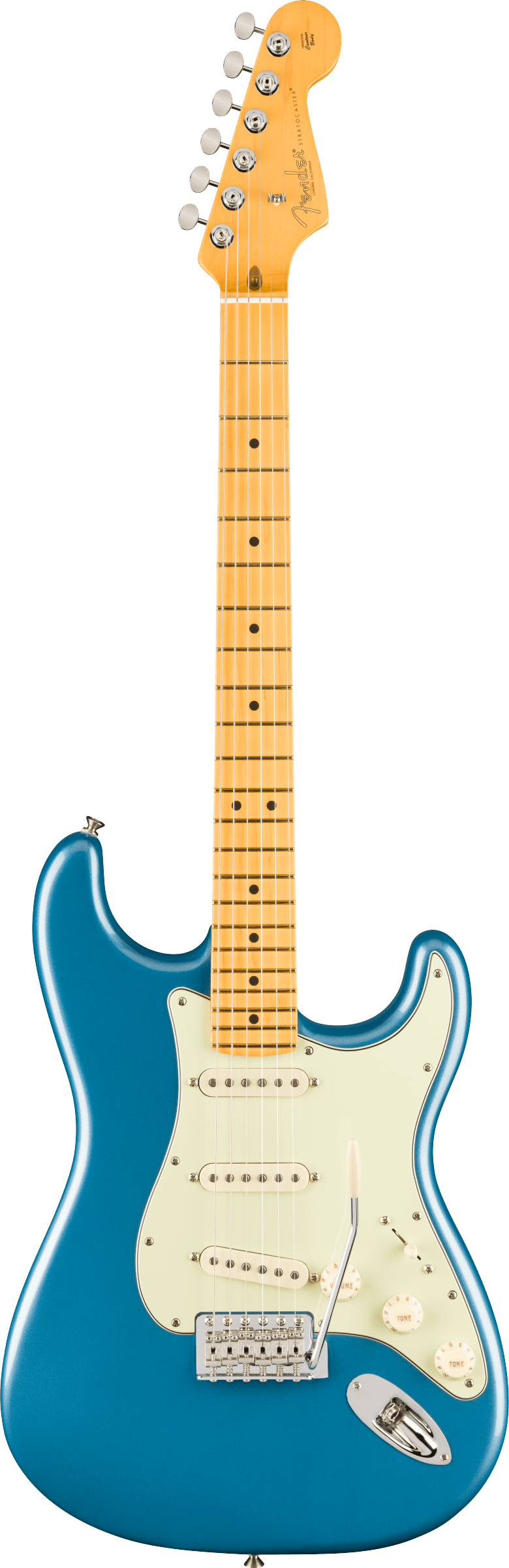 Full frontal of Fender American Professional Classic Stratocaster Maple Faded Lake Placid Blue.