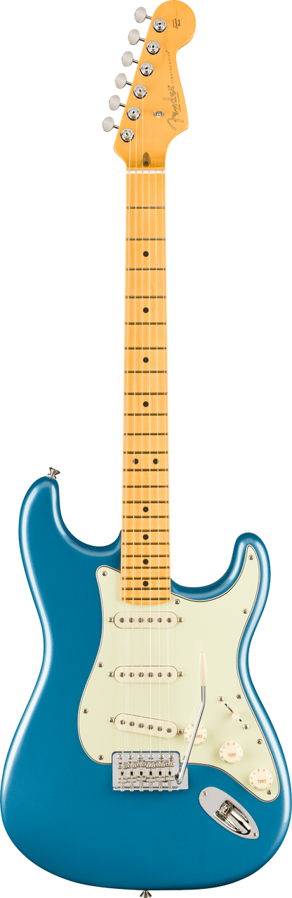 Full frontal of Fender American Professional Classic Stratocaster Maple Faded Lake Placid Blue.
